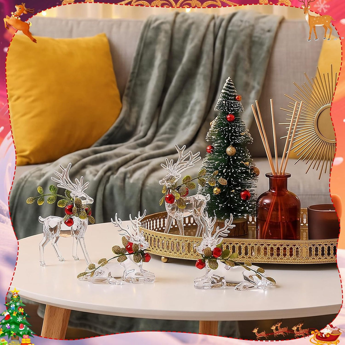 4 Pcs Christmas Reindeer Figurine Ornaments with Branch Wreath Transparent