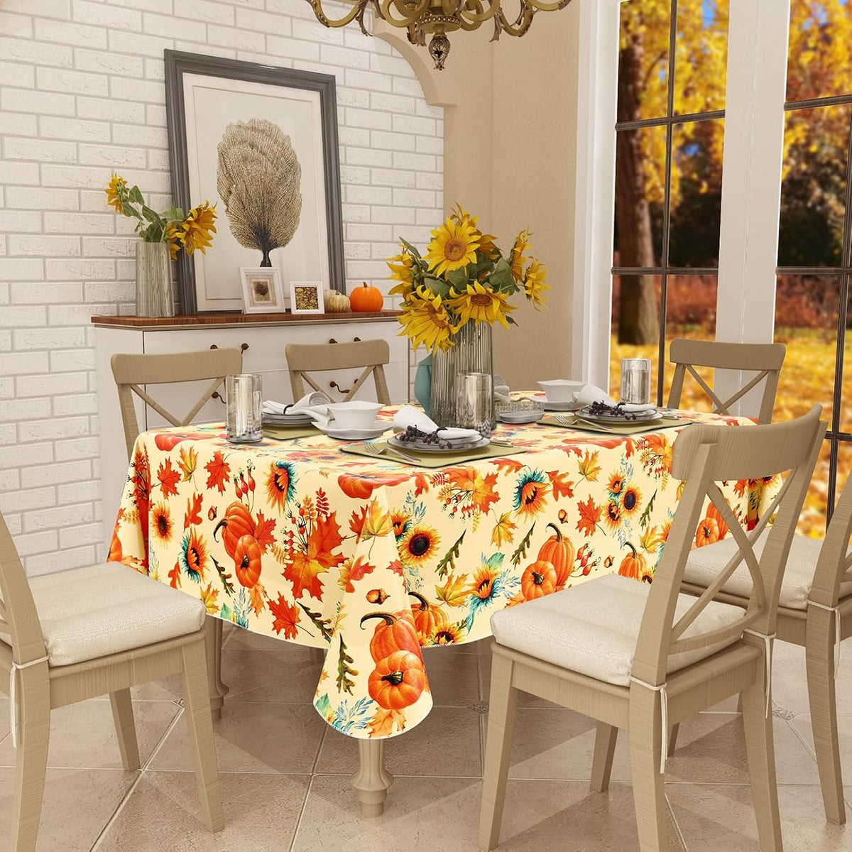 Rectangle Waterproof Vinyl Table Cloth, Wipeable Tablecloth with Flannel Backing, Plastic Table Cover for Fall, Thanksgiving (Pumpkin, 52" x 70")