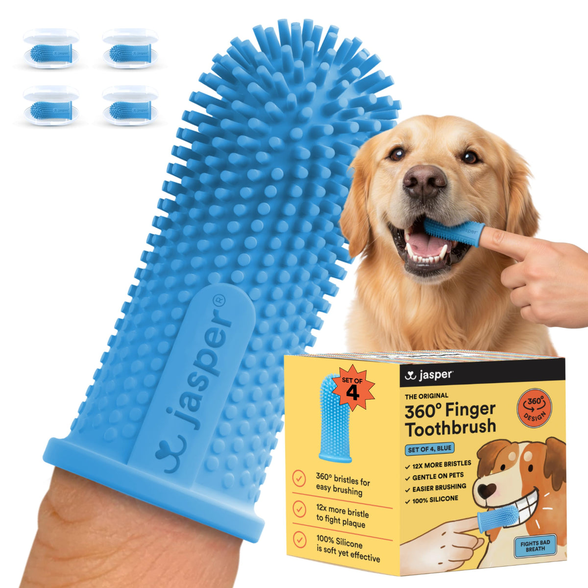 Jasper Dog Toothbrush, 360 Dog Tooth Brushing Kit, Finger Toothbrush, Cat Tooth Brush, Teeth Cleaning, Pet Tooth Brush for Small & Large Pets, Pet Toothpaste Not Included, 2-Pack Blue