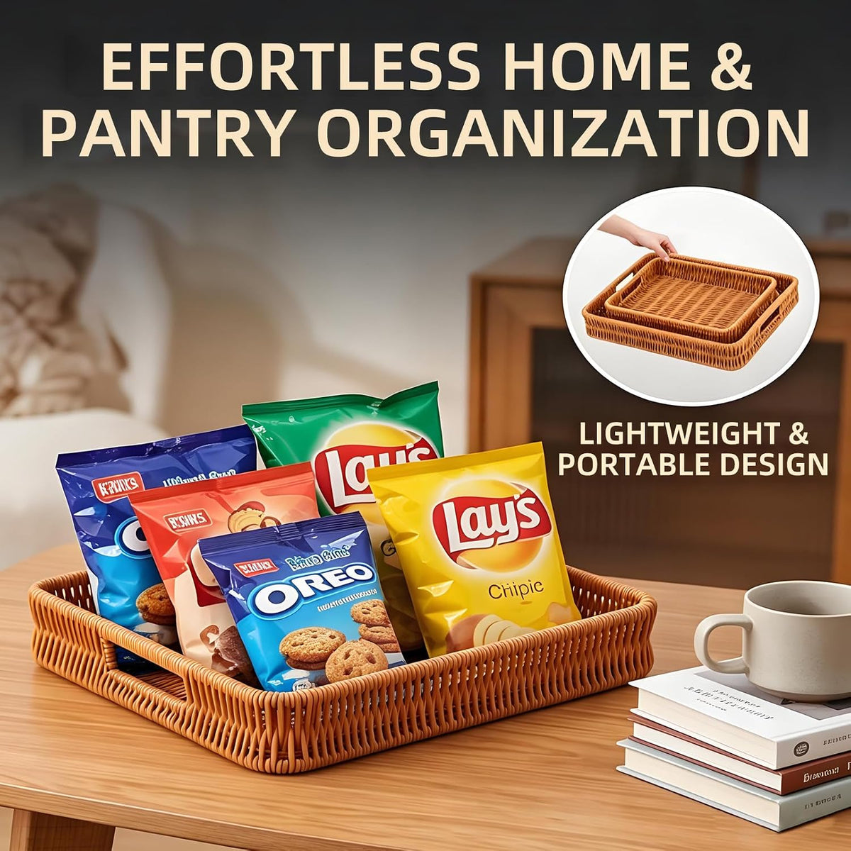 3PCS Hand-Woven 16“ Rattan Rectangular Serving Tray with Handles – Wicker Tray for Coffee Table Decor, Breakfast Basket, Drinks, Fruit, Snacks Organizer, Ottoman & Kitchen Counter Outdoor