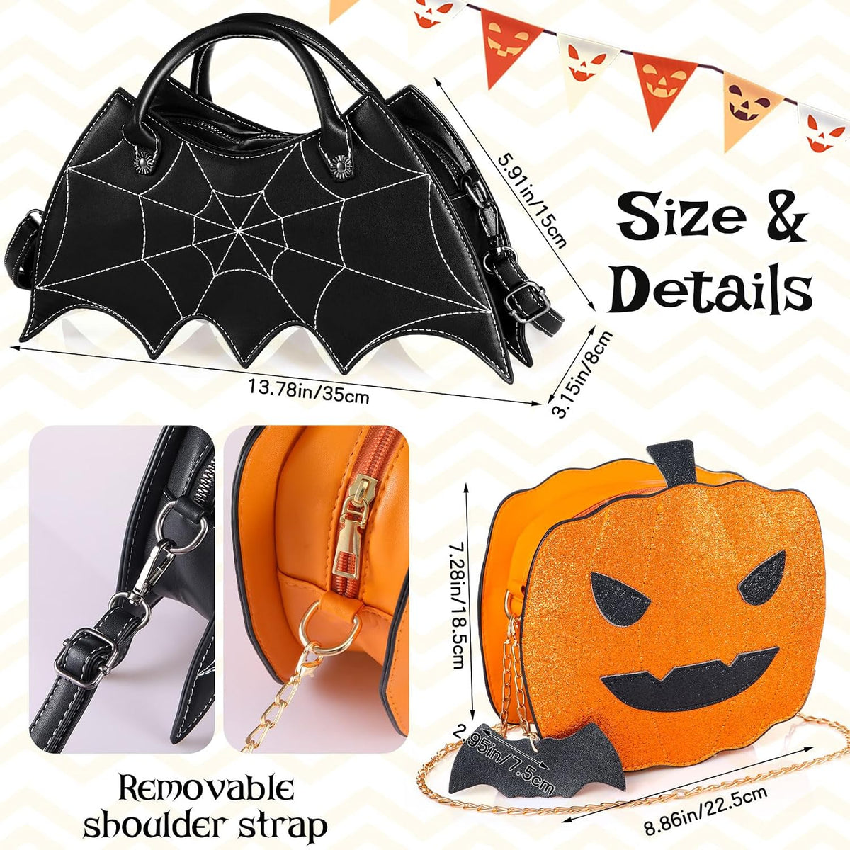 Hillban 3 Pcs Halloween PU Leather Bat Spider Web Shoulder Bag