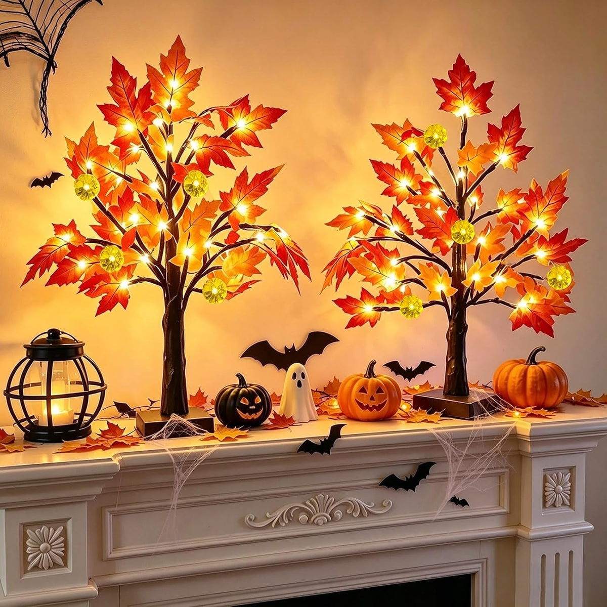 TURNMEON Thanksgiving Decor 2 Pack 18 Inch Prelit Fall Maple Tree 48 LEDs
