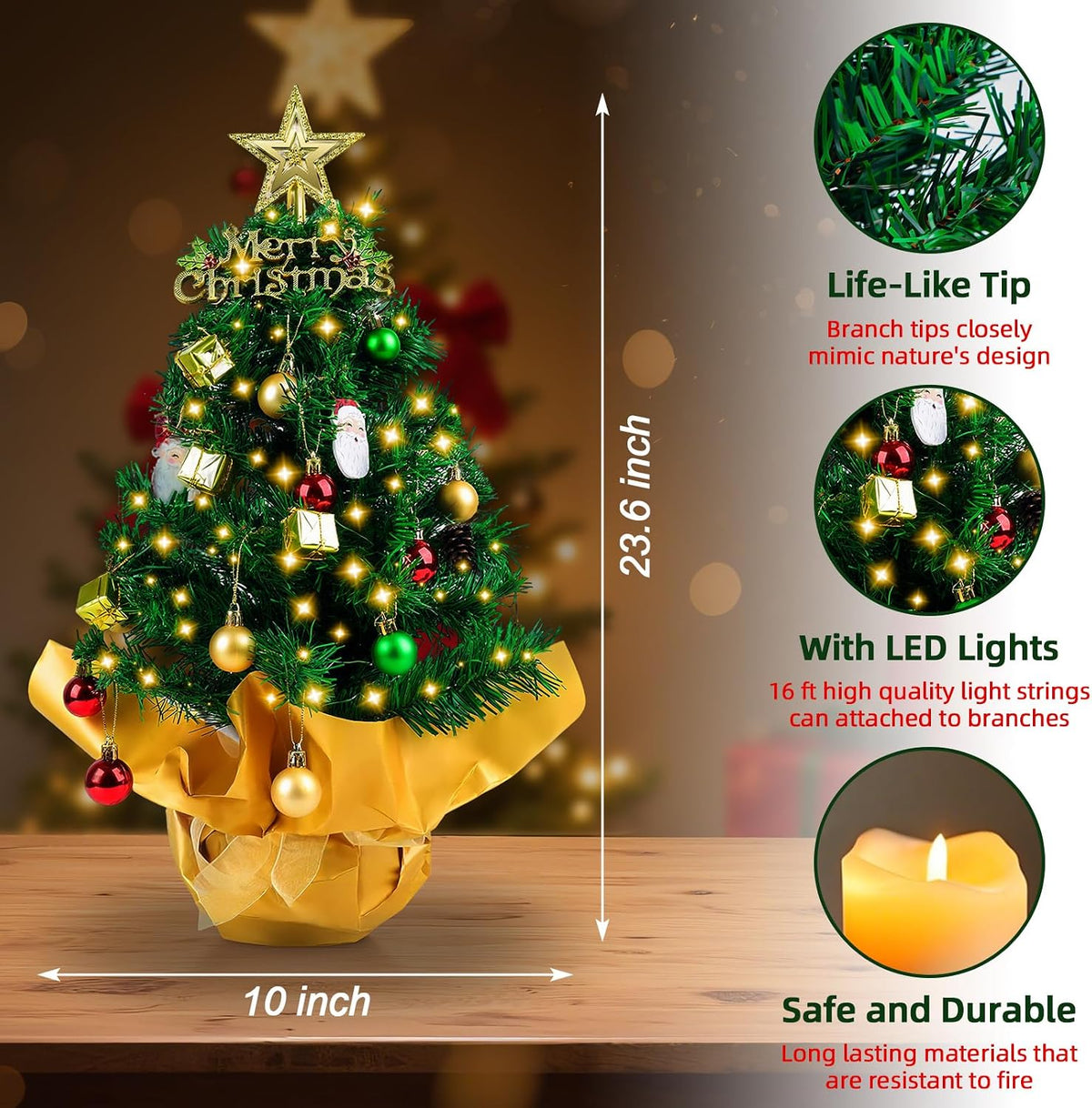 23 in Small Christmas Tree with Lights, Mini Tabletop Tree Desk Decor