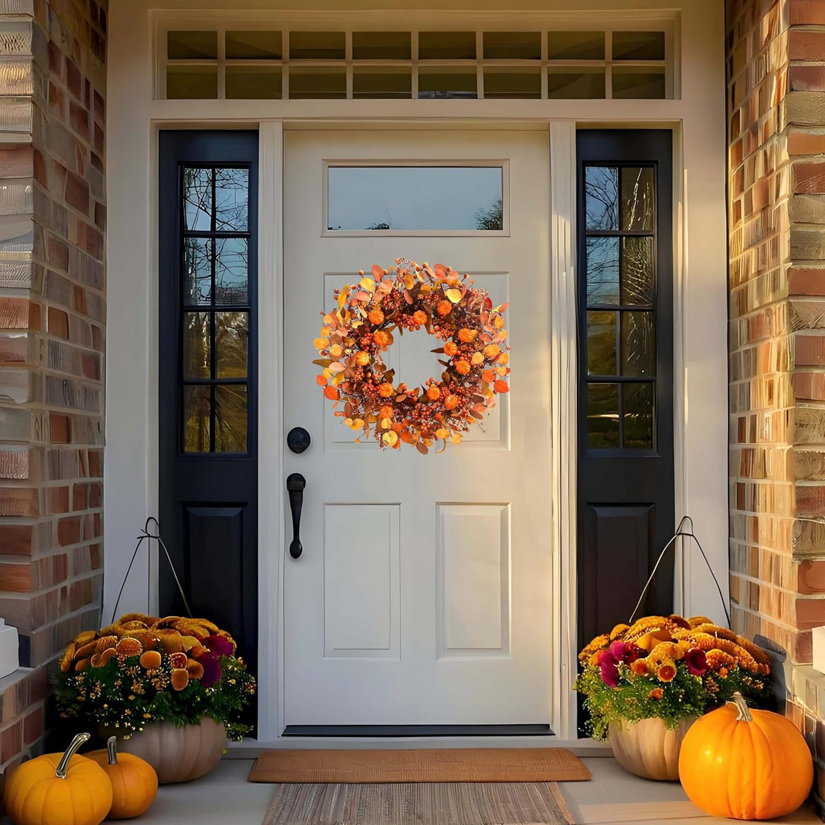 Fall Wreath 22 Inch Fall Wreaths for Front Door Autumn Pumpkin Wreaths with Orange Eucalyptus Leaves and Berries for Indoor Outdoor Thanksgiving Harvest Festival Celebrations