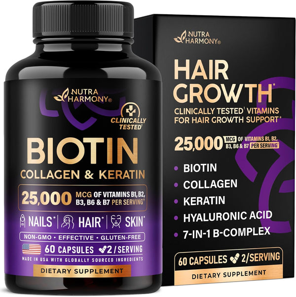 Biotin | Collagen | Hyaluronic Acid | Keratin - Hair Growth & Strength Support Vitamins - Skin & Nails Supplement - Clinically Tested for Men & Women - 25000mcg Vitamins B1, B2, B3, B6 & B7 - 60 Caps