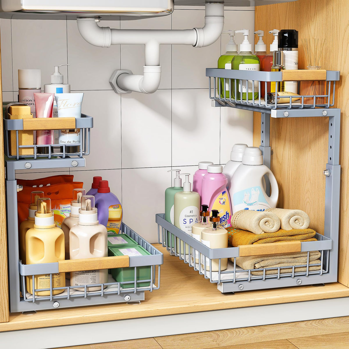 PXRACK Under Sink Organizer, Adjustable Height, 2 Tier Pull Out Under Cabinet Organizer, Slide Out Thickened Metal Under Sink Storage for Kitchen Bathroom Laundry Pantry Cabinet, White, Large-2-Pack