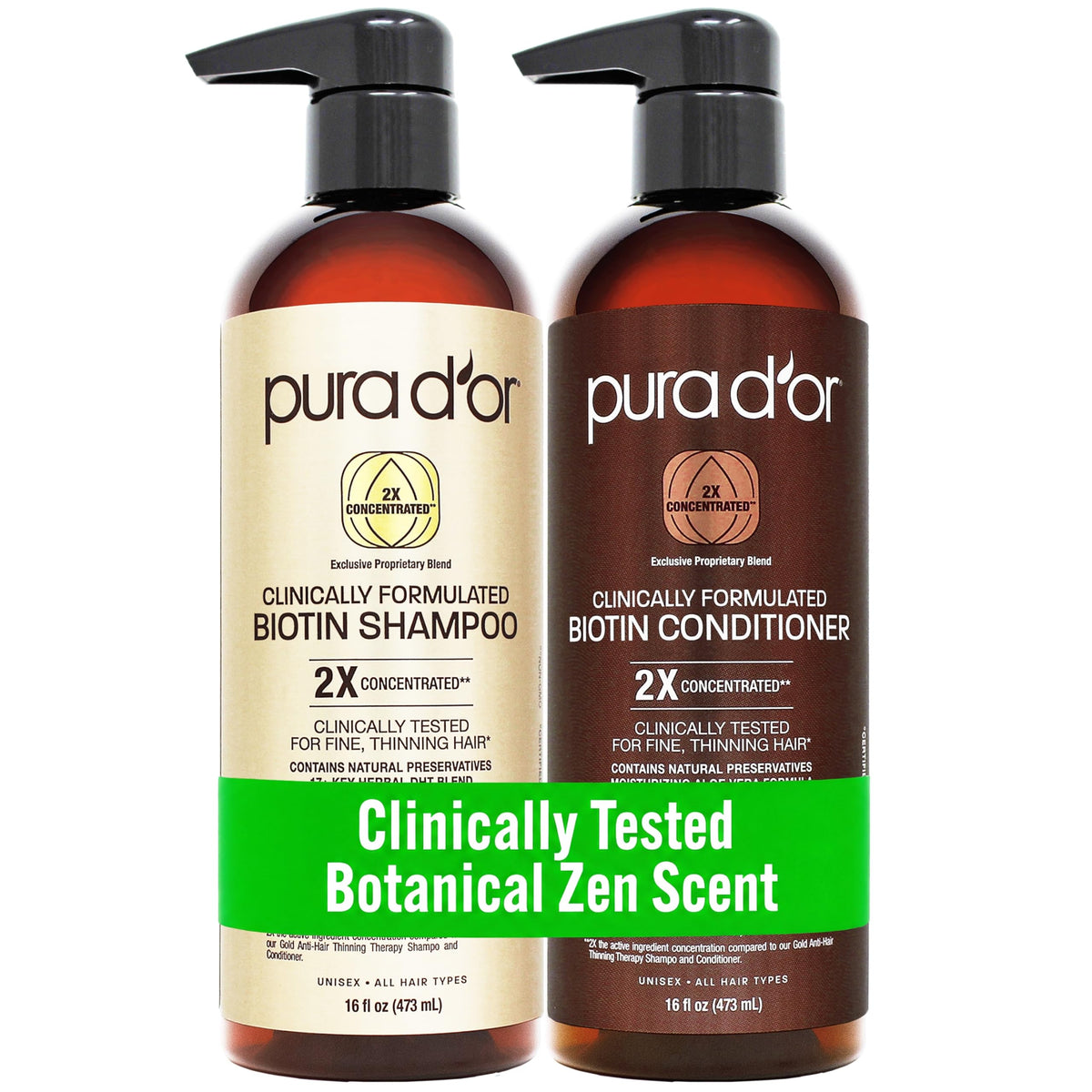 PURA D'OR Anti-Thinning Biotin Shampoo & Hair Regrowth Conditioner, CLINICALLY TESTED Effective Results, Thickening Herbal Blend For Women & Men, Original Gold Label Set, Natural Earthy Scent, 16oz x2