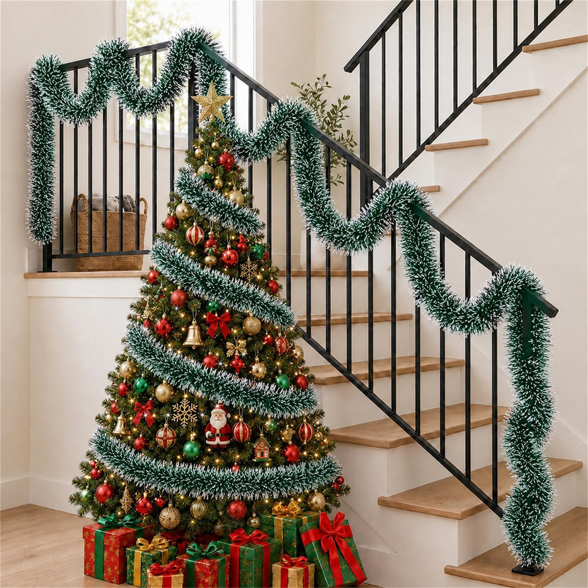 50FT Snowy Green Christmas Tinsel Garland, Metallic Twist Shiny Hanging Garland Ornaments for Xmas Tree Party Supplies Thick Thin Metallic Streamers for Indoor Outdoor Decor