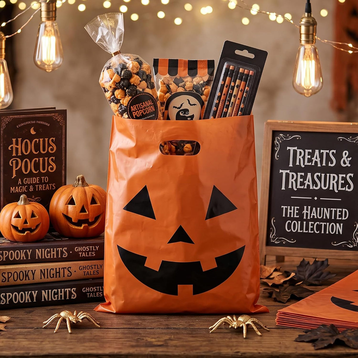 Choice Marts 100 Halloween Candy Bags Bulk 12x15 Treat Bags with Handles