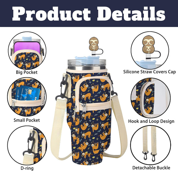 Stanley Cup Bag, Cup Holder for Stanley 30oz/40oz Tumbler with Handle, Stanley Carrier Bag with 4Pcs Cute Straw Topper for Stanley Cup Accessories