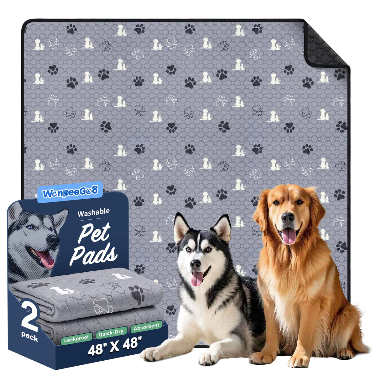 WanpeeGoo Washable Pee Pads for Dogs, Waterproof, 18 x 24 in, 4 Pack, Gray | Super Absorbent, Waterproof and Non-Slip; Washable, Reusable Dog Pads for Crates, Playpens, Floors, Furniture and Travel