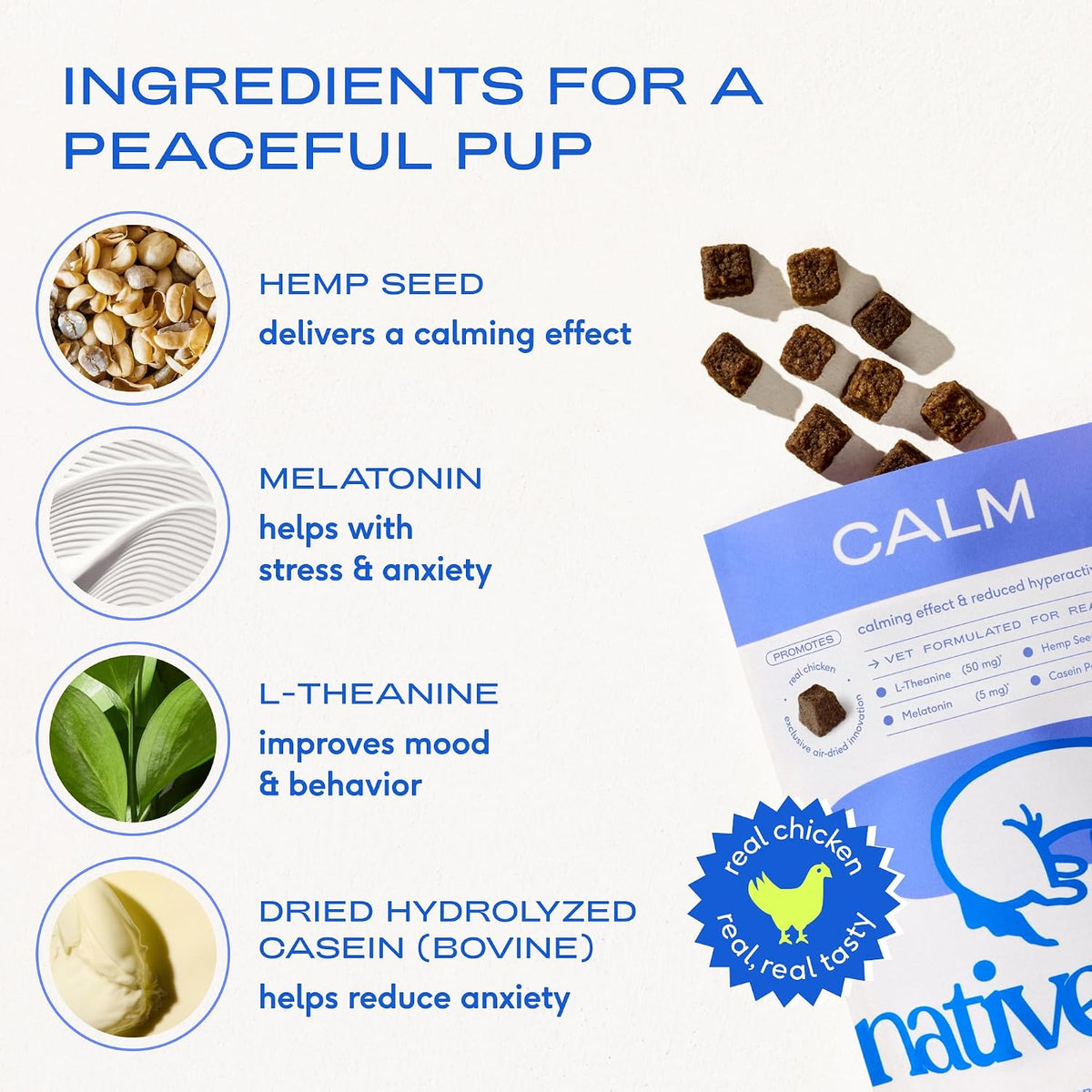 Native Pet Calming Chews for Dogs Medium Breed - 60 Calming Dog Treats - Hemp Seed, Melatonin, L-Theanine - Supports Calm Behavior - 30 Chews
