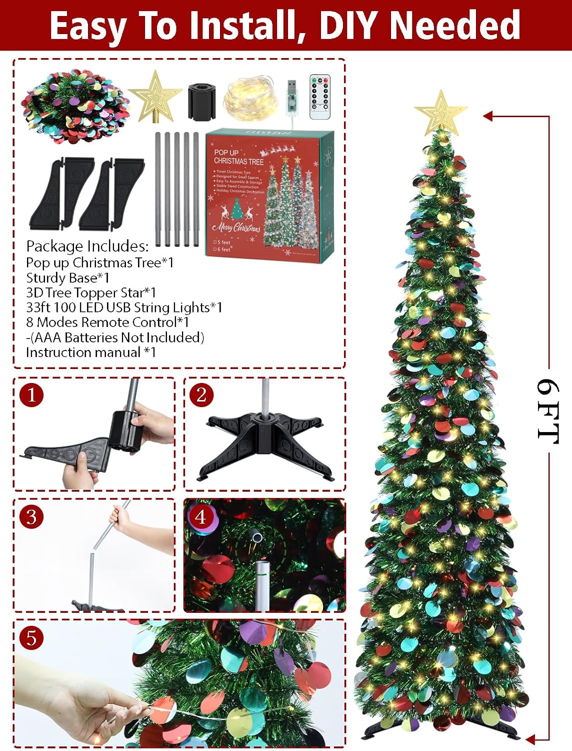HMASYO 6 FT Pop Up Christmas Tree with 100 LED Timer Lights & Remote, Green Christmas Tinsel Tree, Collapsible Artificial Pencil Tree for Home Office Party Decor, USB Powered, Easy Assembly