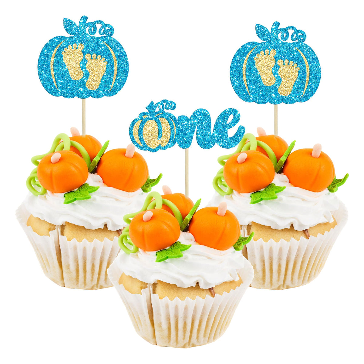 24pc Little Pumpkin Cupcake Toppers - Glitter Pumpkin Cupcake Picks - Baby Shower Decorations - Fall Harvest Theme - Kids Birthday Party Supplies