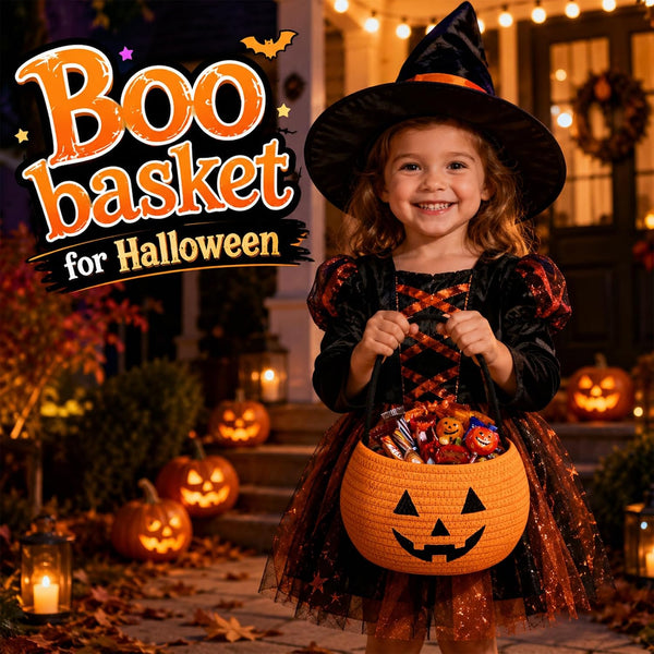 OIASKET Cotton Rope Halloween Pumpkin Basket with Handle, Trick or Treat Bucket for Kids, Woven Boo Candy Basket for Neighborhood Parades & Indoor Holiday Home Decor