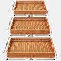 3PCS Hand-Woven 16“ Rattan Rectangular Serving Tray with Handles – Wicker Tray for Coffee Table Decor, Breakfast Basket, Drinks, Fruit, Snacks Organizer, Ottoman & Kitchen Counter Outdoor