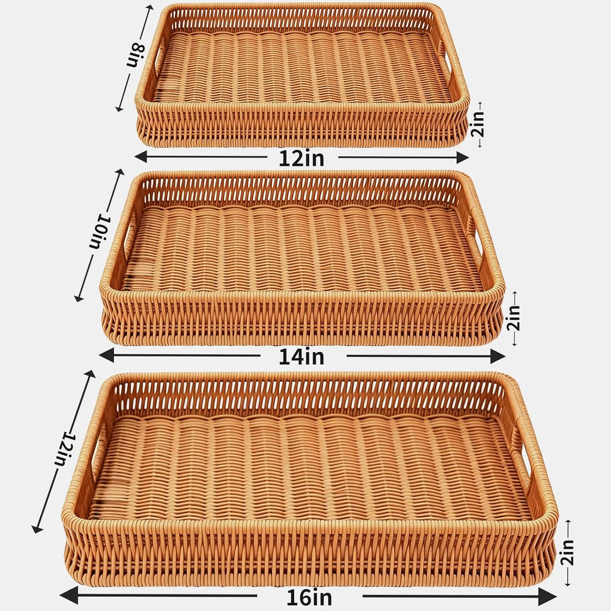 3PCS Hand-Woven 16“ Rattan Rectangular Serving Tray with Handles – Wicker Tray for Coffee Table Decor, Breakfast Basket, Drinks, Fruit, Snacks Organizer, Ottoman & Kitchen Counter Outdoor