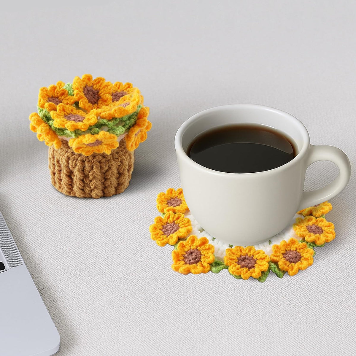 Crochet Flower Coasters, Handmade Bouquet Coasters with Crochet Plant Pot (Sunflower Yellow, 1Pc)