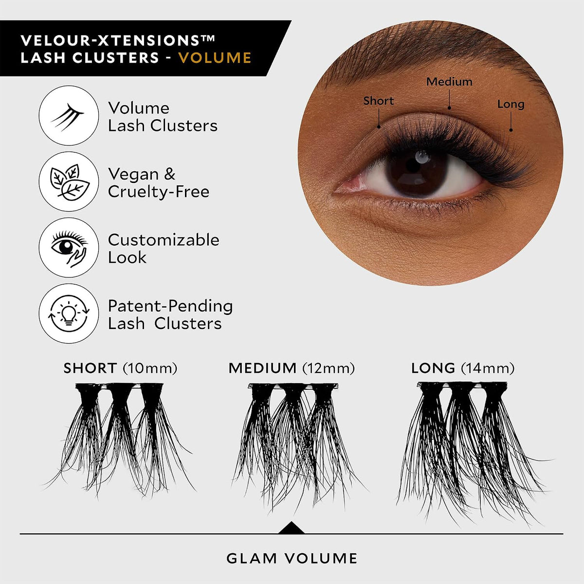 Velour-Xtensions™ Lash Clusters, 18 Individual Cluster Eyelash Extensions, Lightweight & Fluffy Lash Extensions, Soft & Comfortable Eyelash Clusters, Natural Lashes All Eye Shapes (Volume)