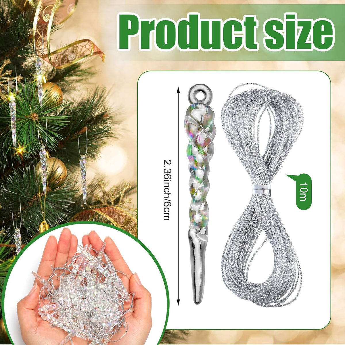 Cinnvoice 36 Pcs Iridescent Christmas Icicle Ornaments for Christmas Decor