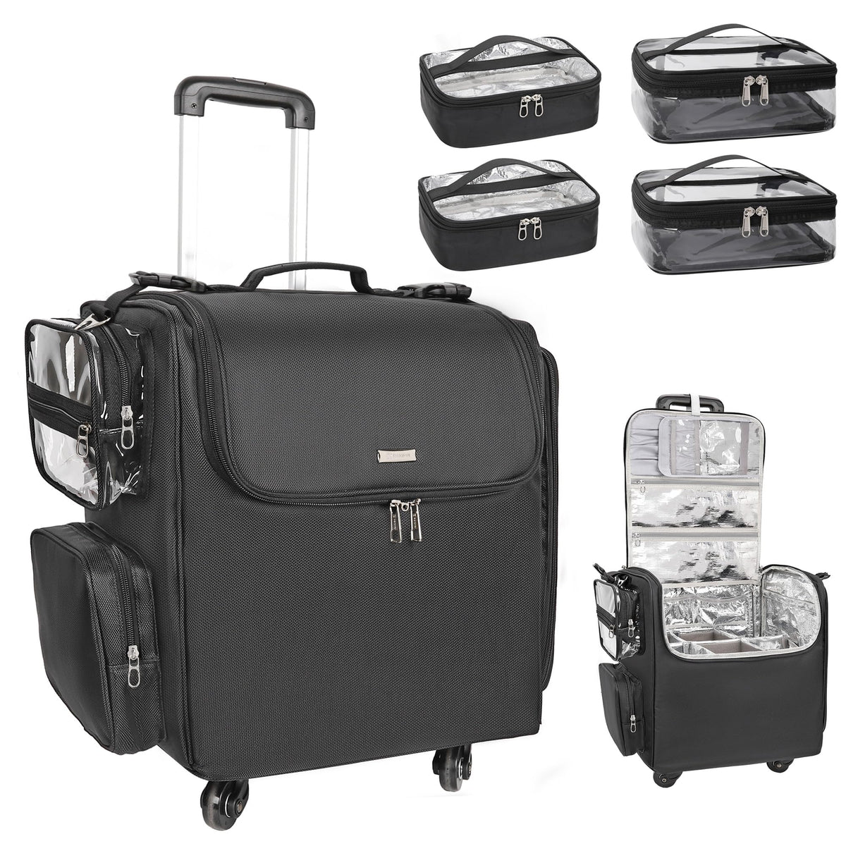 Relavel Rolling Makeup Train Case, Hairstylist Traveling Bag with 4 Wheels, Heat Insulation Full Layer, Adjustable Dividers, Hair Tools and Cosmetics Storage Organizer Trolley Suitcase Makeup Cart
