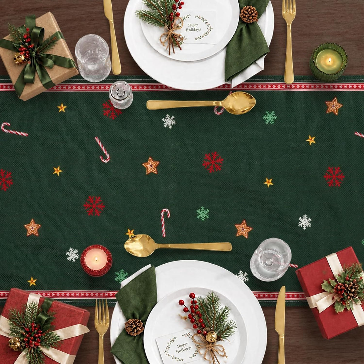 Christmas Table Runner 13 x 72 Inch Green Gingerbread Candy Cane Table Runners for Xmas Dinning Table Decorations