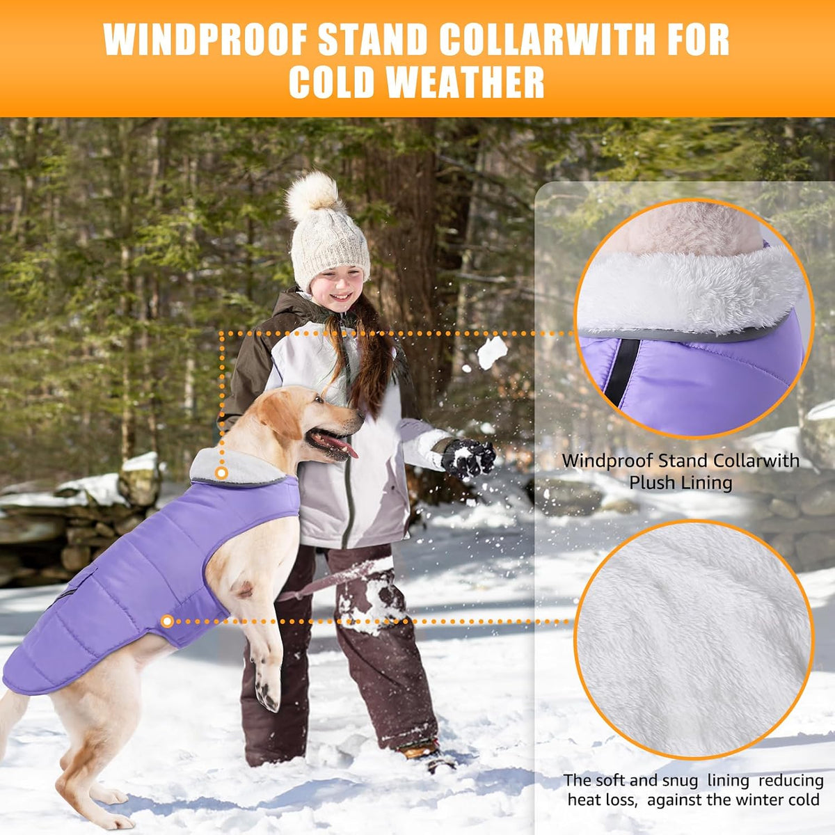 Dog Winter Coat for X-Large Dogs, Easy on Dog Snow Fleece Coat Velcro Waterproof Pet Puffer Jacket with Harness Hole Adjustable Reflective Quilted Pet Cold Weather Vest for Girl Female