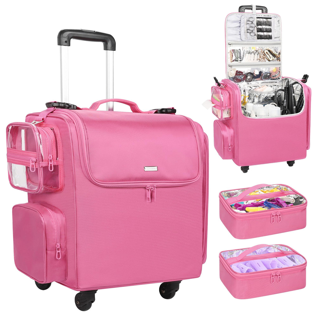 Relavel Rolling Makeup Train Case, Hairstylist Traveling Bag with 4 Wheels, Heat Insulation Full Layer, Adjustable Dividers, Hair Tools and Cosmetics Storage Organizer Trolley Suitcase Makeup Cart