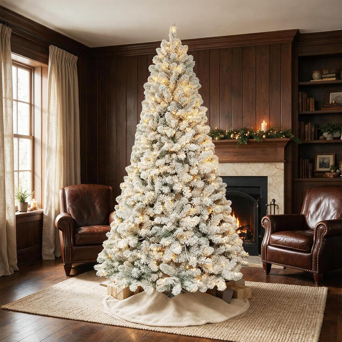 Hykolity 7 ft Prelit Snow Flocked Christmas Tree with 300 Warm White LEDs