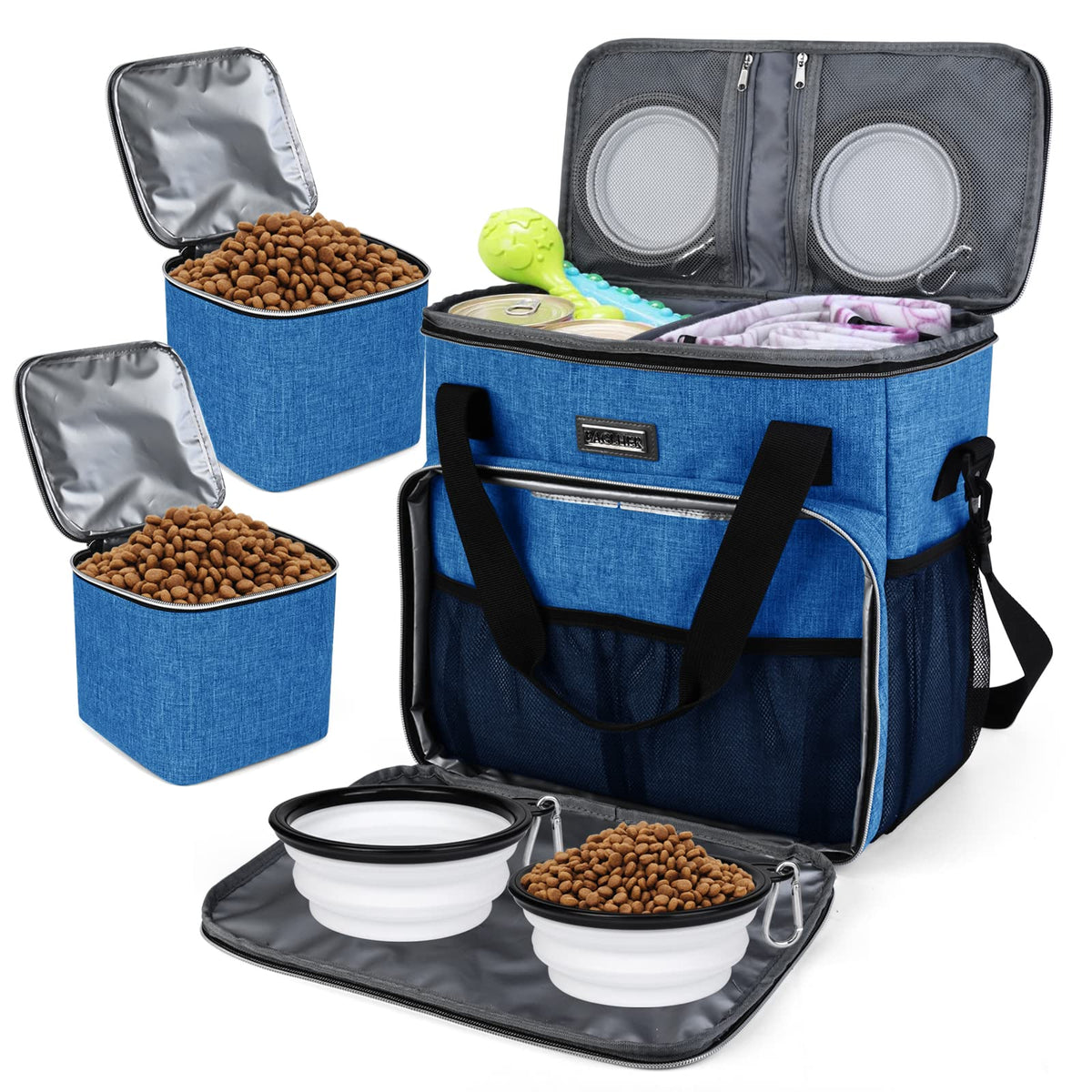 BAGLHER Pet Travel Set Airline-Approved Carrier for Small/Medium Cats & Dogs + Travel Bag with Food Containers & Silicone Bowls, Grey & Green