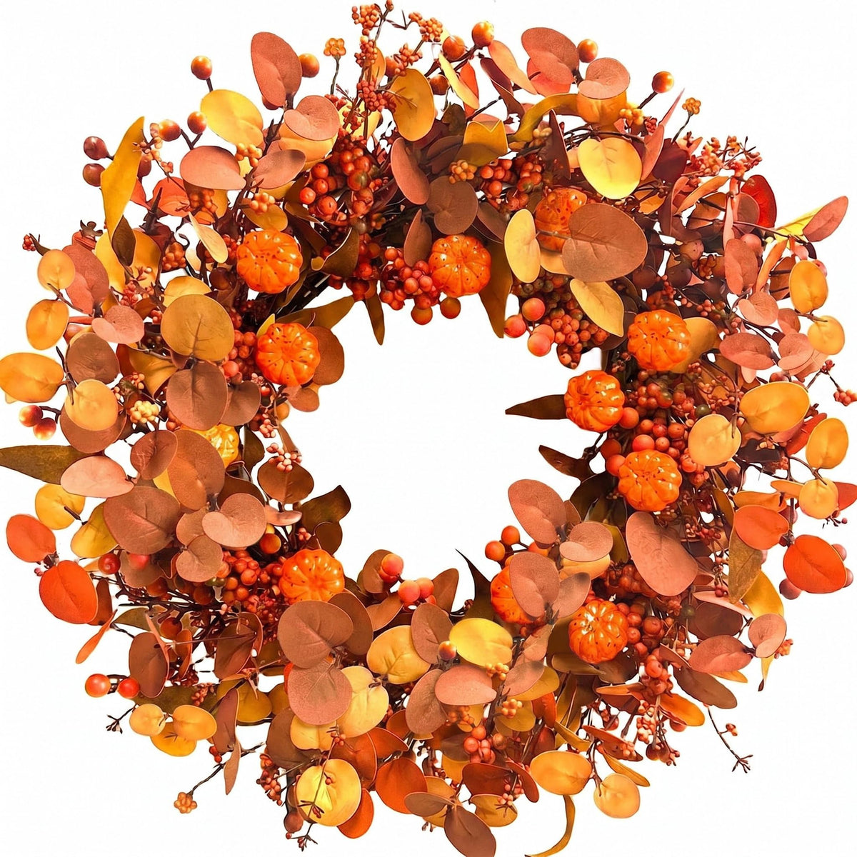 Fall Wreath 22 Inch Fall Wreaths for Front Door Autumn Pumpkin Wreaths with Orange Eucalyptus Leaves and Berries for Indoor Outdoor Thanksgiving Harvest Festival Celebrations