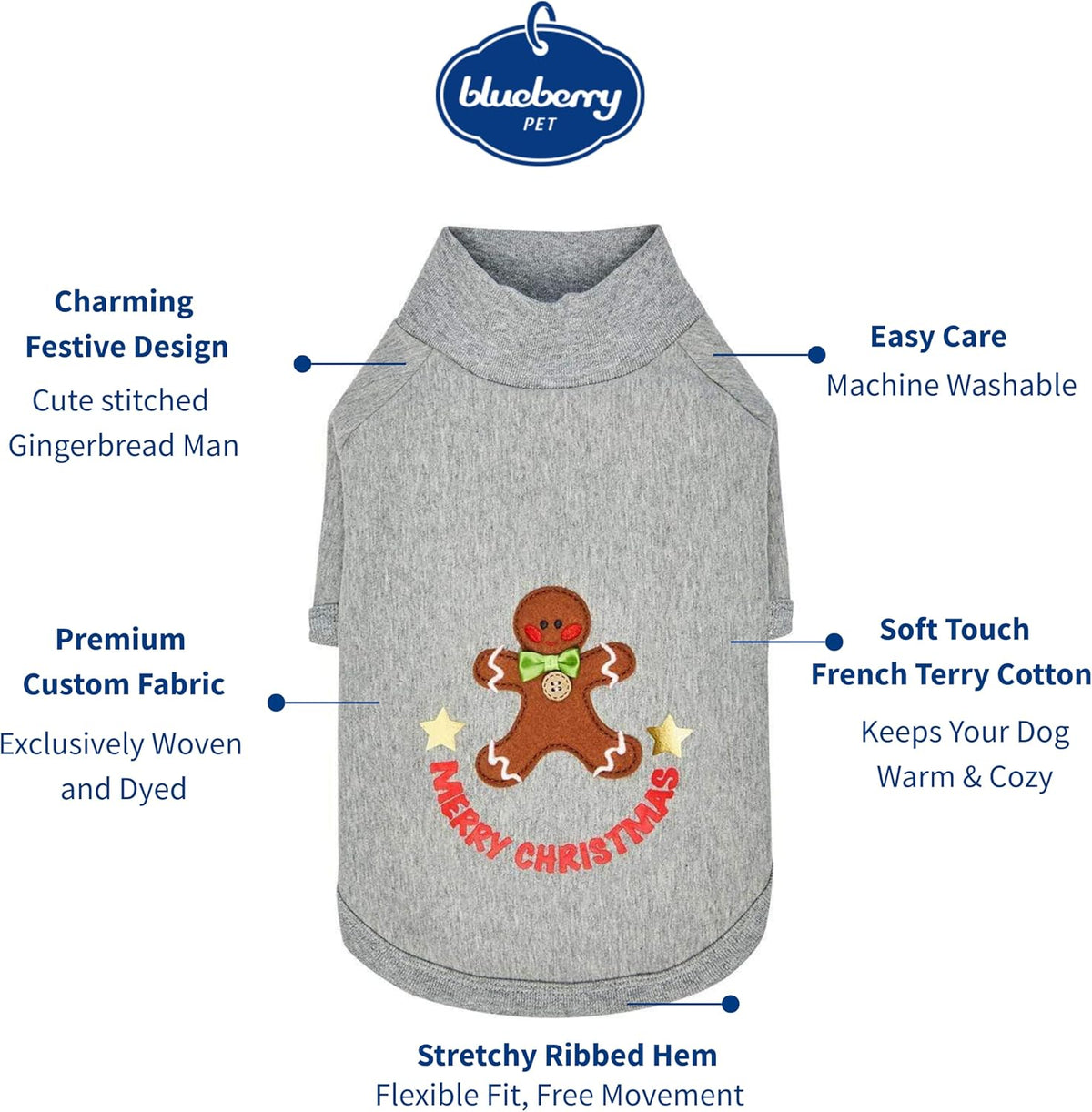 Blueberry Pet Soft & Comfy Merry Christmas Holiday Festive Gingerbread Man Pullover Turtleneck Fall Winter Dog Sweatshirt Coat, Back Length 10", Warm Clothes for Small Dogs