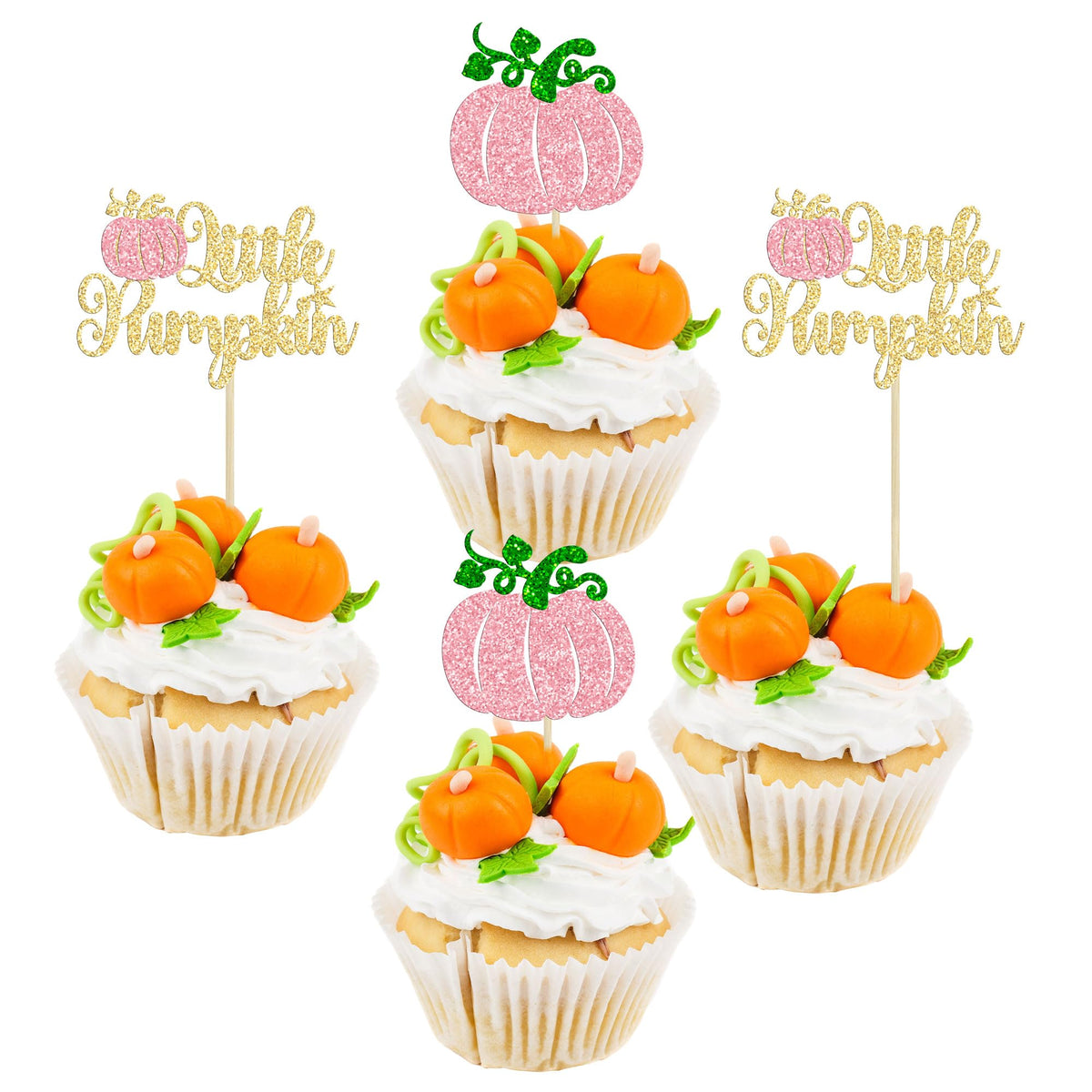 24pc Little Pumpkin Cupcake Toppers - Glitter Pumpkin Cupcake Picks - Baby Shower Decorations - Fall Harvest Theme - Kids Birthday Party Supplies