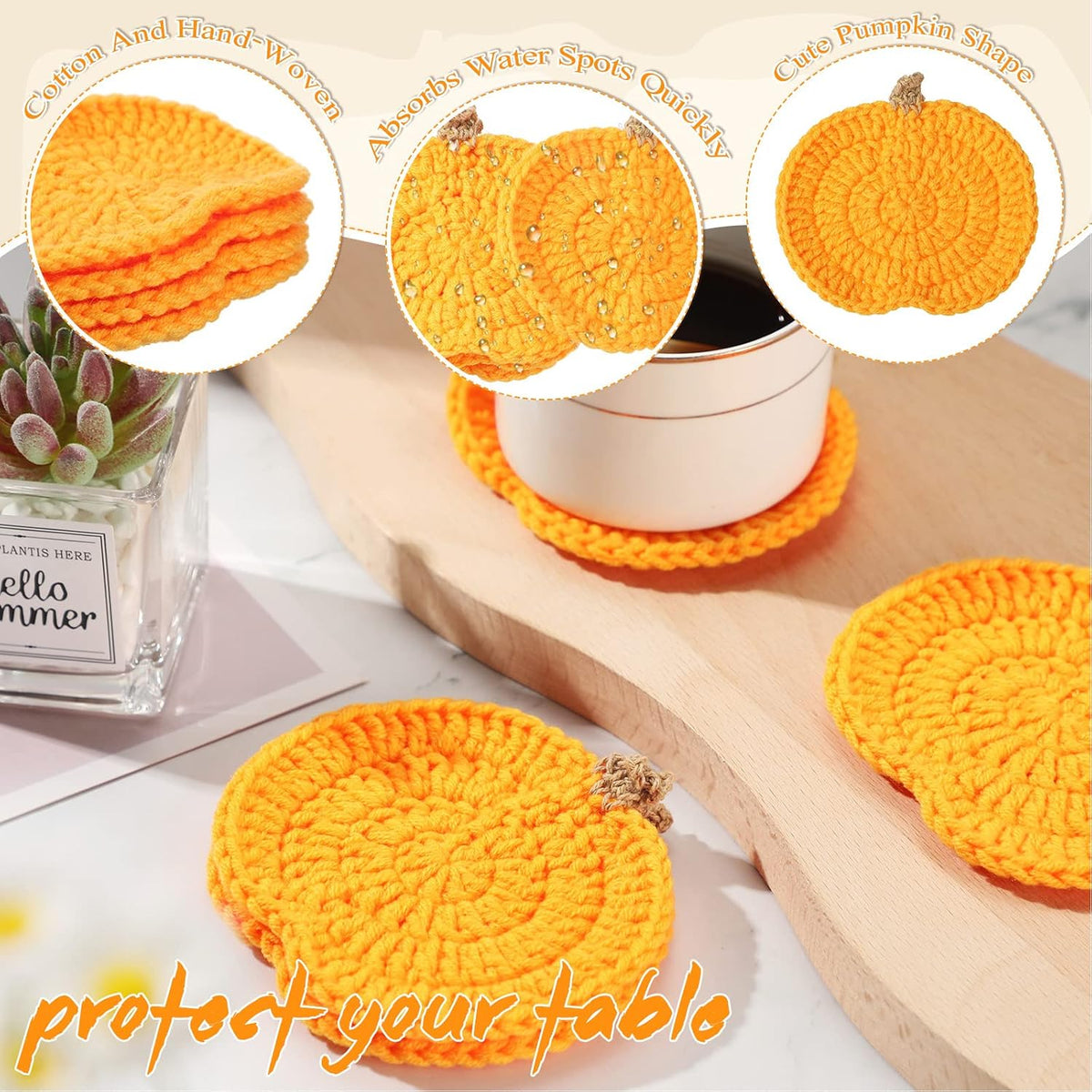 Irenare 4 Pcs Fall Crochet Pumpkins Coaster Halloween Thanksgiving Decor