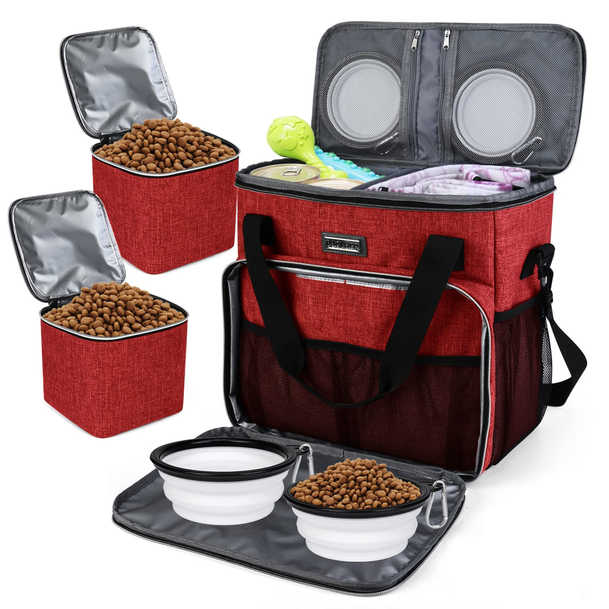 BAGLHER Pet Travel Set Airline-Approved Carrier for Small/Medium Cats & Dogs + Travel Bag with Food Containers & Silicone Bowls, Grey & Green