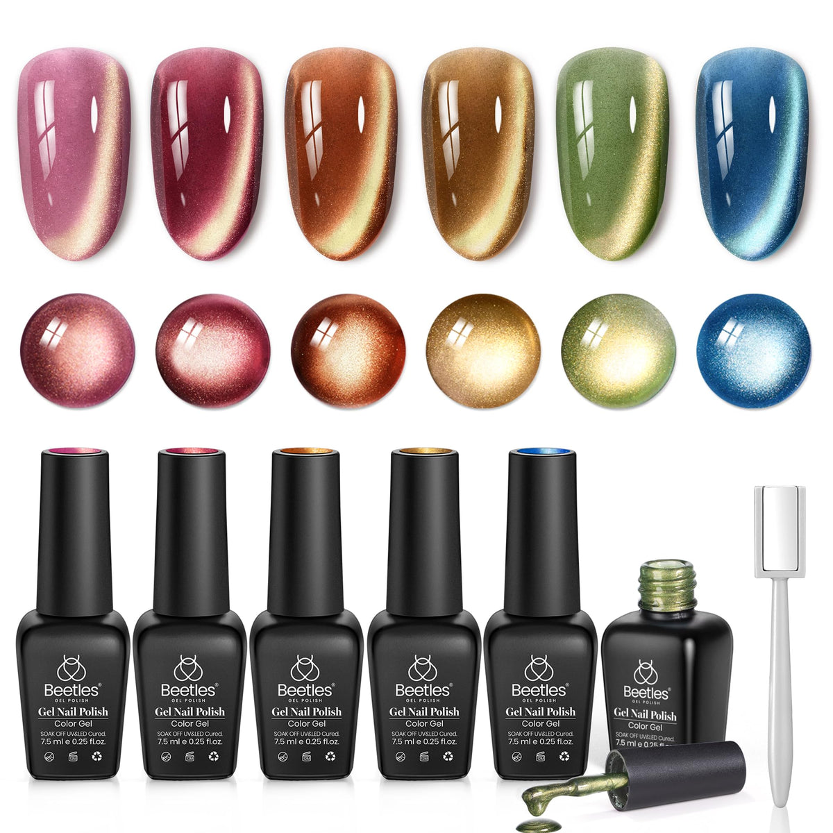 Beetles Halloween Cat Eye Gel Nail Polish Set, 6 Colors Glitter Gel