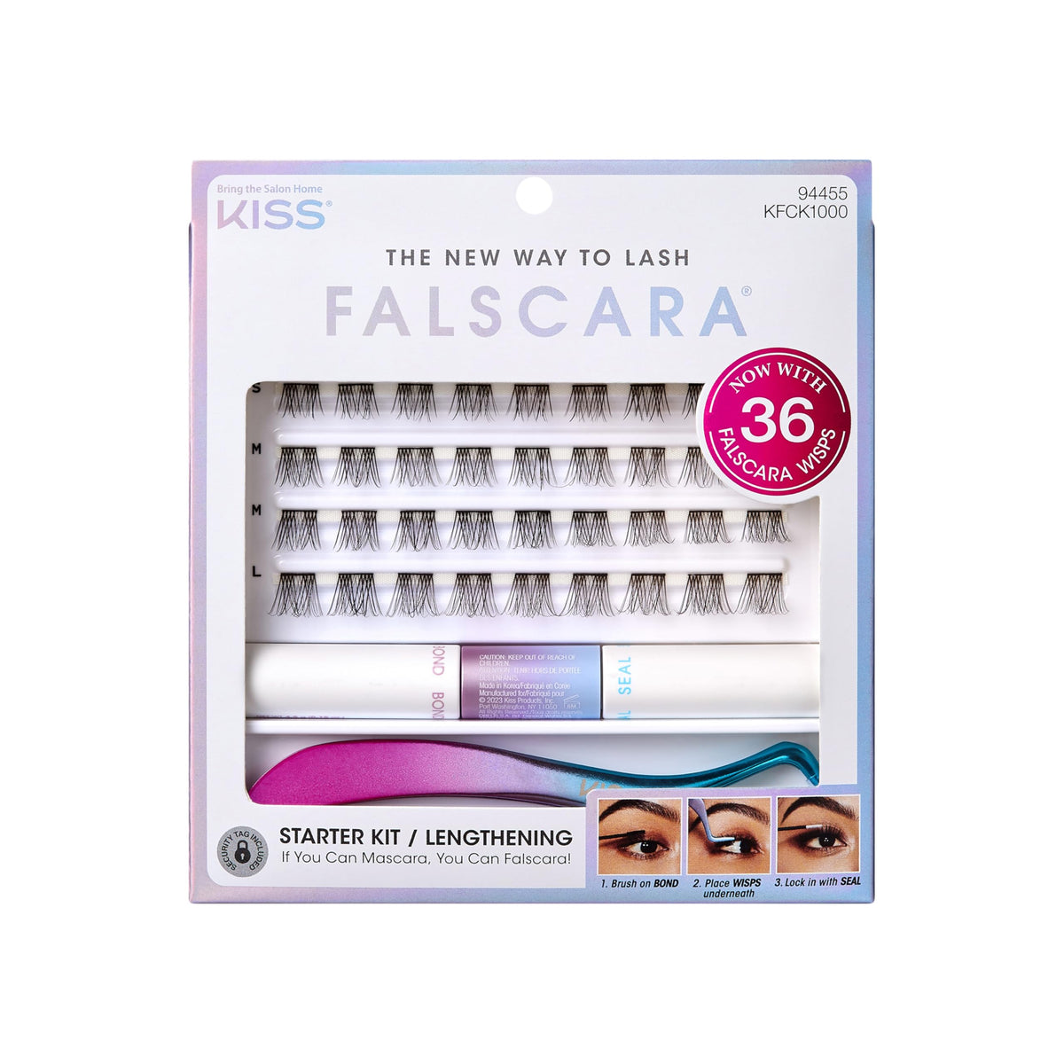 KISS Falscara DIY Lash Extension Starter Kit 10 Reusable Featherlight Eyelash Lengthening Wisps, Applicator, Bond & Seal