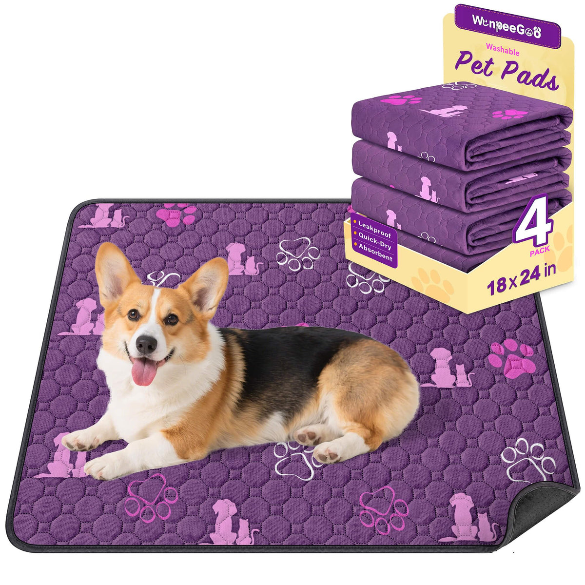 WanpeeGoo Washable Pee Pads for Dogs, Waterproof, 18 x 24 in, 4 Pack, Gray | Super Absorbent, Waterproof and Non-Slip; Washable, Reusable Dog Pads for Crates, Playpens, Floors, Furniture and Travel