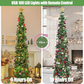 HMASYO 6 FT Pop Up Christmas Tree with 100 LED Timer Lights & Remote, Green Christmas Tinsel Tree, Collapsible Artificial Pencil Tree for Home Office Party Decor, USB Powered, Easy Assembly