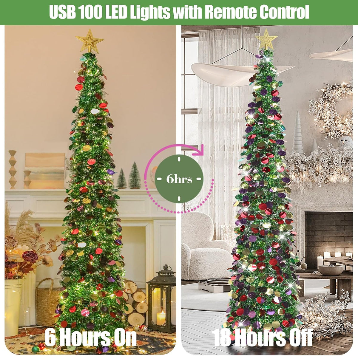 HMASYO 6 FT Pop Up Christmas Tree with 100 LED Timer Lights & Remote, Green Christmas Tinsel Tree, Collapsible Artificial Pencil Tree for Home Office Party Decor, USB Powered, Easy Assembly