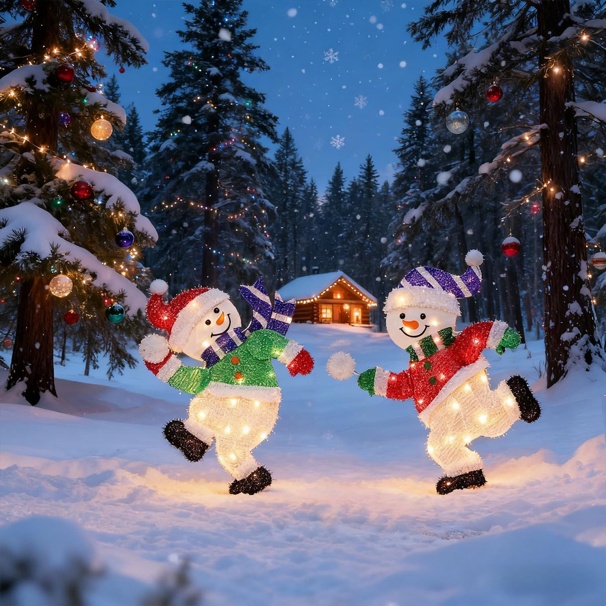 Set of 2 Lighted Snowmen Christmas Decorations, Pre-Lit 2D Tinsel Cute Snowman Snowball Fight with Lights, Light Up & Plug in for Indoor Outdoor Xmas Winter Holiday Yard Lawn Garden Decor