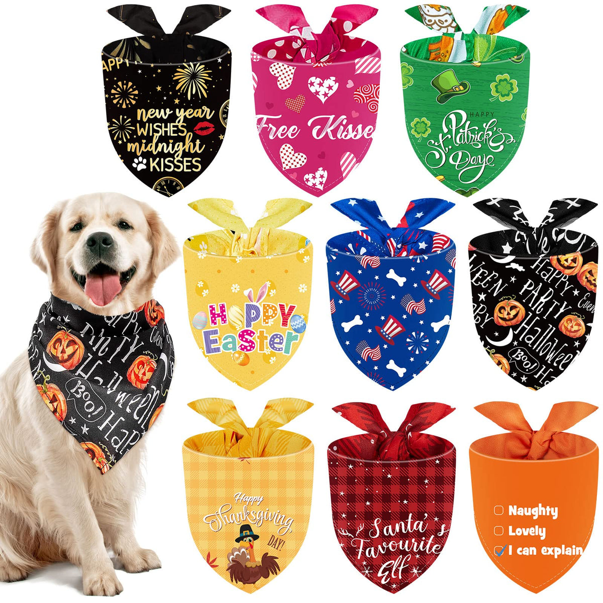 Weewooday 9 Pcs Holiday Dog Bandanas Halloween Trick or Treat Thanksgiving Christmas Bandanas Birthday Scarf Adjustable Large Pet Washable Scarves for Medium Boy Costume Supply
