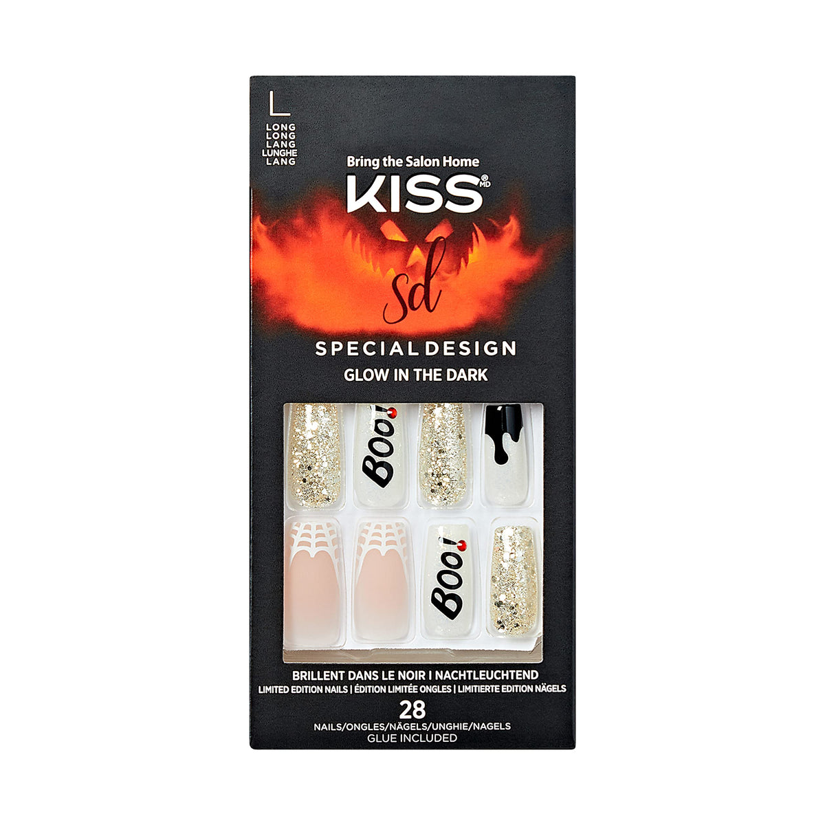 KISS Special Design Halloween Fake Nails, Glow-In-The-Dark, Style ‘Trick or Treat’, with Pink Gel Nail Glue, Mini Nail File, Manicure Stick, & 28 False Nails