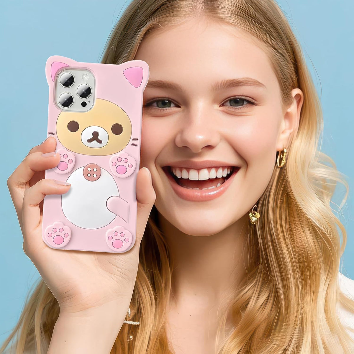 IAIYOXI 3D Cute Cartoon Bear Phone Case for iPhone 15 - Fashionable and Stylish - Funny Pink Bear Design - Soft TPU Protective Case - Kawaii Silicone Cover for Women, Girls, and Kids