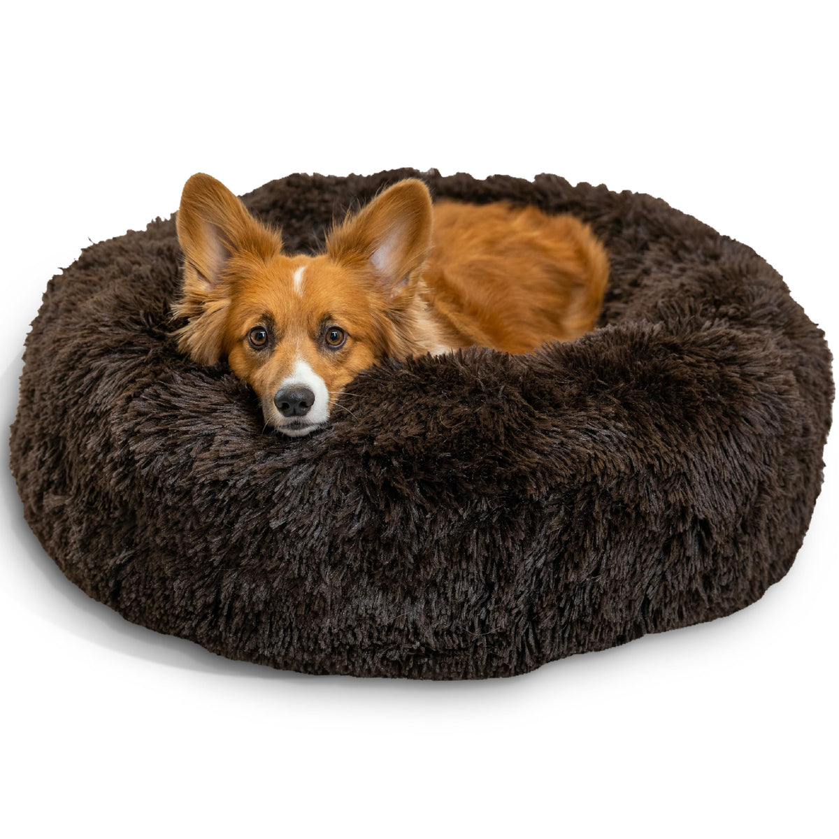 Best Friends by Sheri The Original Calming Donut Dog Bed for Large Dogs up to 100 lbs, Shag Faux Fur, Taupe, Large, 36" x 36"