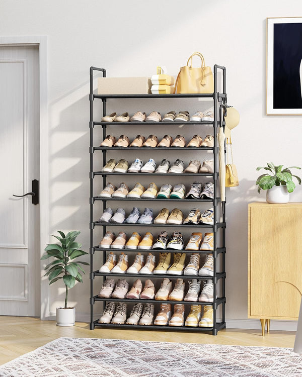 Kitsure 10 Tier Shoe Rack, Tall Shoe Organizer, 32.2" Wide, Black | Large-Capacity Shoe Storage with Hooks, Shoe Shelf for Closet, Entryway, Bedroom, Living Room, Zapateras Organizer