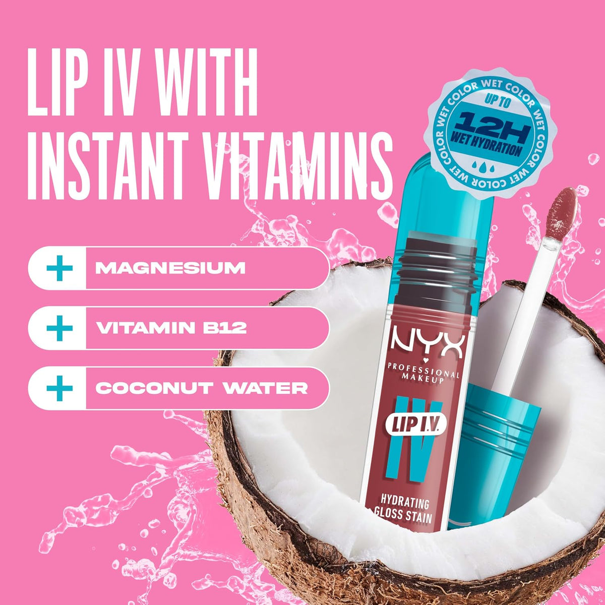 NYX PROFESSIONAL MAKEUP Lip IV Hydrating Glossy Lip Stain, Long-Lasting, Tinted, Vegan Formula with 12 HR Hydration - Petal Pourin' (Pink)