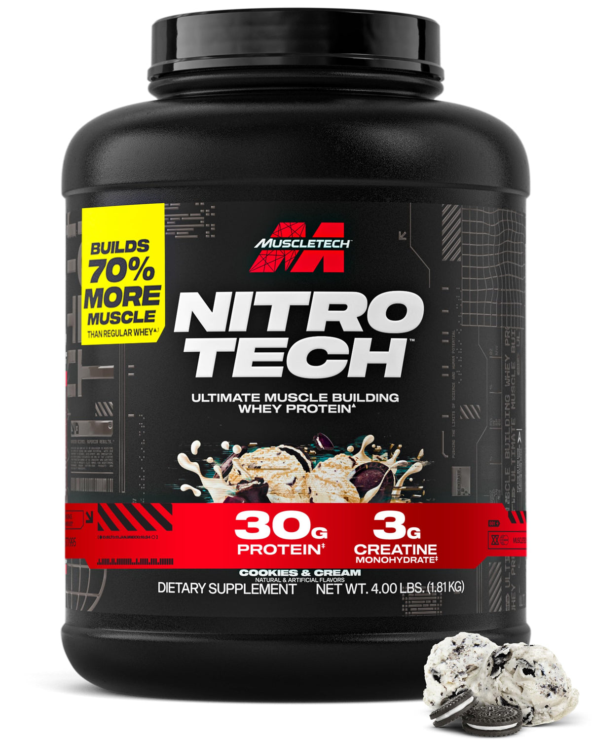 Muscletech Whey Protein Powder (Vanilla Cream, 4 Pound) - Nitro-Tech Ultimate Muscle Building Formula with Whey Protein Isolate - 30g of Protein, 3g of Creatine & 6.8g of BCAA - Packaging May Vary