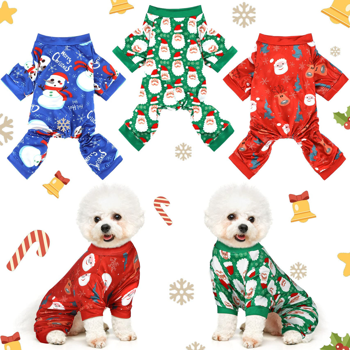 Frienda 3 Pcs Christmas Dog Pajamas,Snowman Pattern,L (fit 7.7-9.9lbs)
