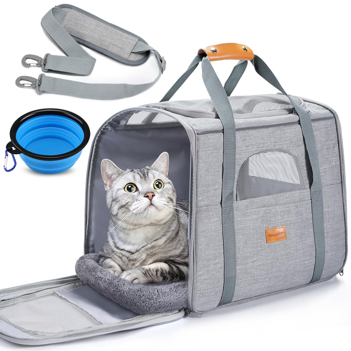 Morpilot Pet Carrier for Large Cats, Puppies & Small Dogs Up to 25lbs, Escape-Proof with Locking Zippers, Dual-Sided Cushion, Safety Buckle for Car & Vet Travel, Includes Foldable Bowl (Dark Gray)